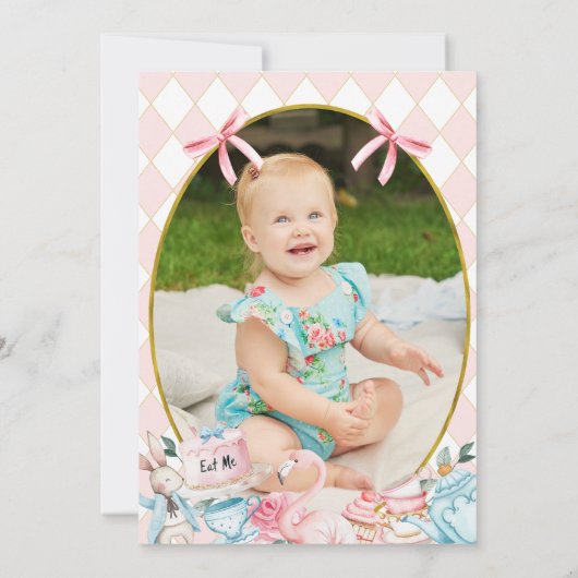 Bows Pink Foto Alice Onederland 1e verjaardag Kaart (Achterkant)