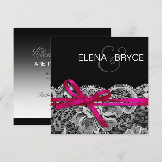 Bows Ribbon & Lace Save the Date Black fuschia (Voorkant / Achterkant)