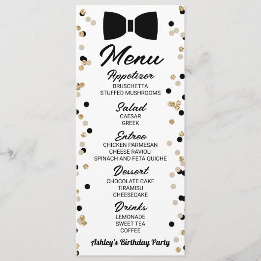 Bowtie Black en Gold Glitter Baby shower Food Menu (Voorkant)
