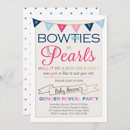 Bowties of parels Geslacht onthullen Party uitnodi Kaart (Voorkant / Achterkant)