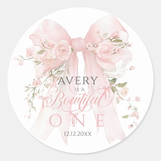 Bowtiiful One 1st Birthday Floral Bow Girls Ronde Sticker (Voorkant)