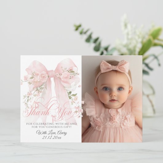 Bowtiiful One Photo 1st Birthday Floral Bow Girls Bedankkaart (Staand voorkant)