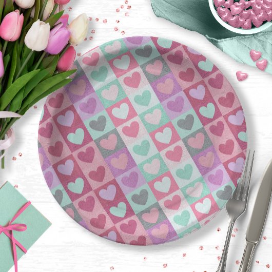 Boxed Hearts Pattern Aqua/Roze ID629 Papieren Bordje
