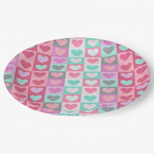 Boxed Hearts Pattern Aqua/Roze ID629 Papieren Bordje (Gekanteld)