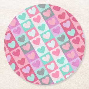 Boxed Hearts Pattern Aqua/Roze ID629 Ronde Kartonnen Onderzetter