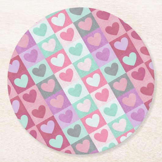 Boxed Hearts Pattern Aqua/Roze ID629 Ronde Kartonnen Onderzetter (Voorkant)