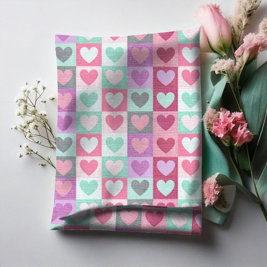 Boxed Hearts Pattern Aqua/Roze ID629 Stof