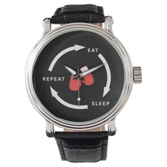 Boxer Boxing Eat Sleep Herhaal Sportfan Gezegde Horloge (Voorkant)