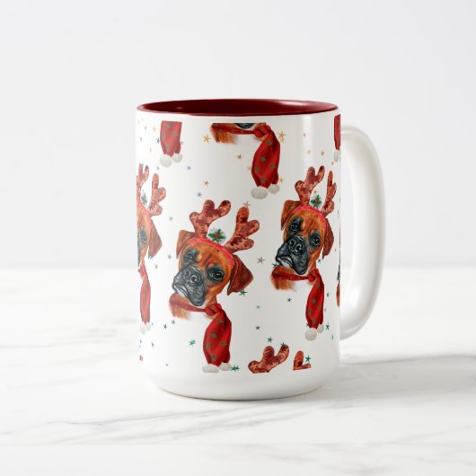 Boxer Breed Waterverf Dog Pattern sterft Kerstmis Tweekleurige Koffiemok (Voorkant rechts)