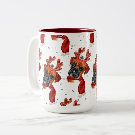 Boxer Breed Waterverf Dog Pattern sterft Kerstmis Tweekleurige Koffiemok (Voorkant links)