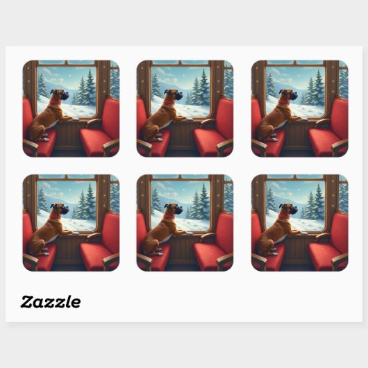 Boxer Christmas Eve Train Ride Painting Vierkante Sticker (Vel)