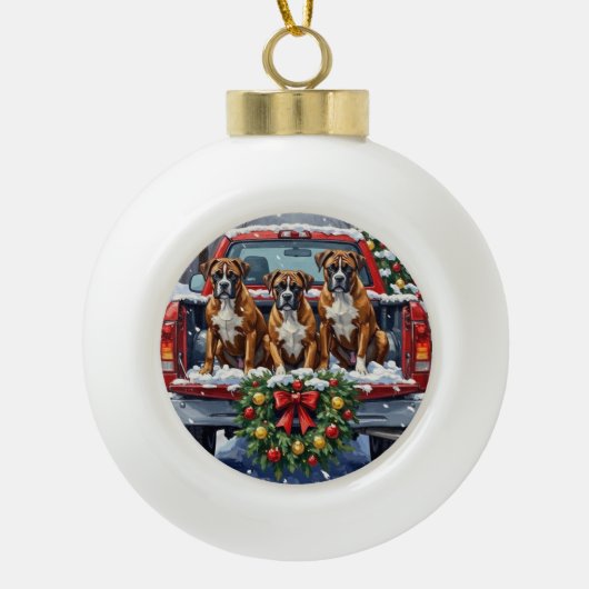 Boxer Christmas Red Truck Holiday Keramische Bal Ornament (Voorkant)