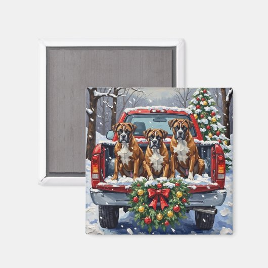 Boxer Christmas Red Truck Holiday Magneet (Voorkant / Achterkant)