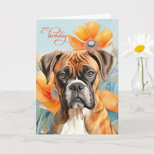 Boxer Dog Birthday Bold Orange Poppy Flowers Kaart (Kleine Plant)