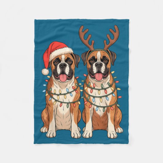 Boxer Dog Christmas Santa Hat Reindeer Lights Paja Fleece Deken (Voorkant)
