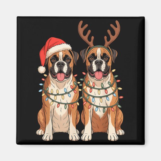 Boxer Dog Christmas Santa Hat Reindeer Lights Paja Magneet (Voorkant)