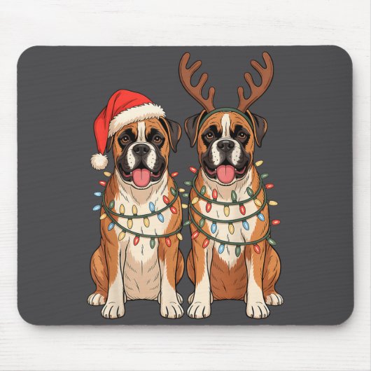 Boxer Dog Christmas Santa Hat Reindeer Lights Paja Muismat (Voorkant)