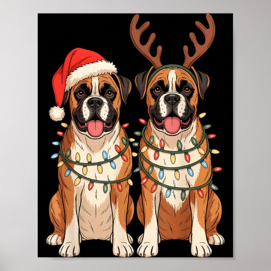 Boxer Dog Christmas Santa Hat Reindeer Lights Paja Poster (Voorkant)