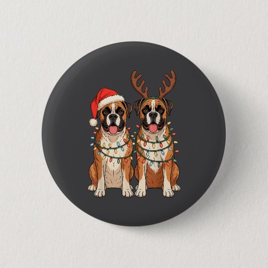 Boxer Dog Christmas Santa Hat Reindeer Lights Paja Ronde Button 5,7 Cm (Voorkant)