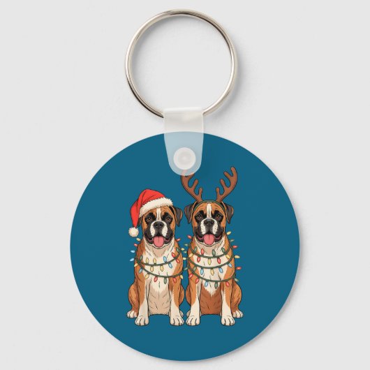 Boxer Dog Christmas Santa Hat Reindeer Lights Paja Sleutelhanger (Voorkant)