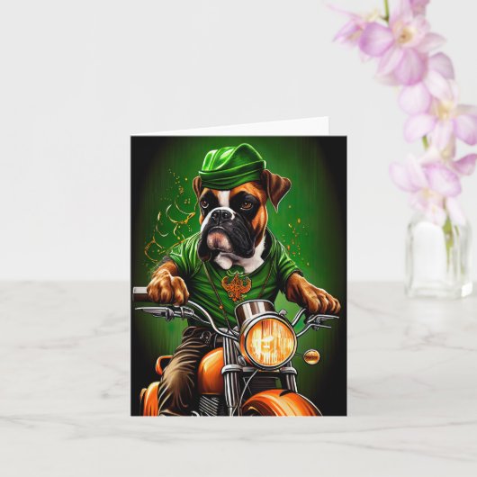 Boxer Dog Driving Bike St. Patrick's Day Kaart (Orchidee)