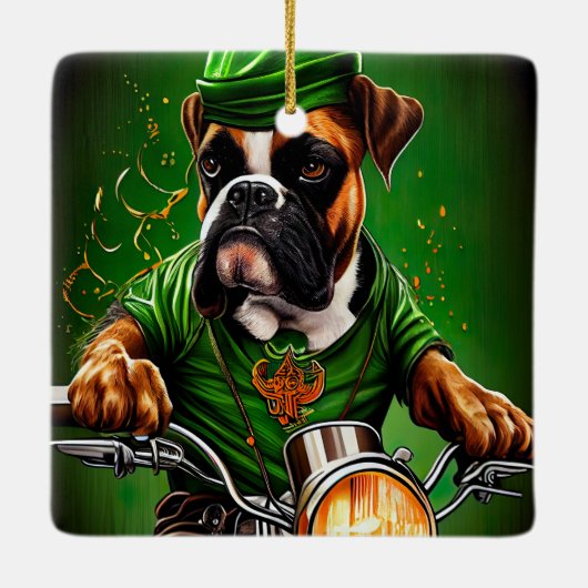 Boxer Dog Driving Bike St. Patrick's Day Keramisch Ornament (Achterkant)