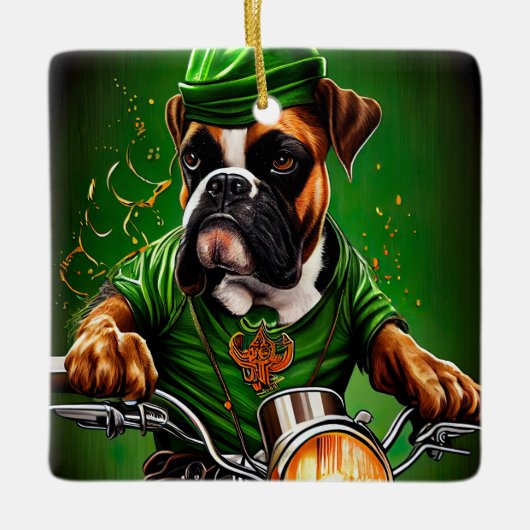 Boxer Dog Driving Bike St. Patrick's Day Keramisch Ornament (Voorkant)