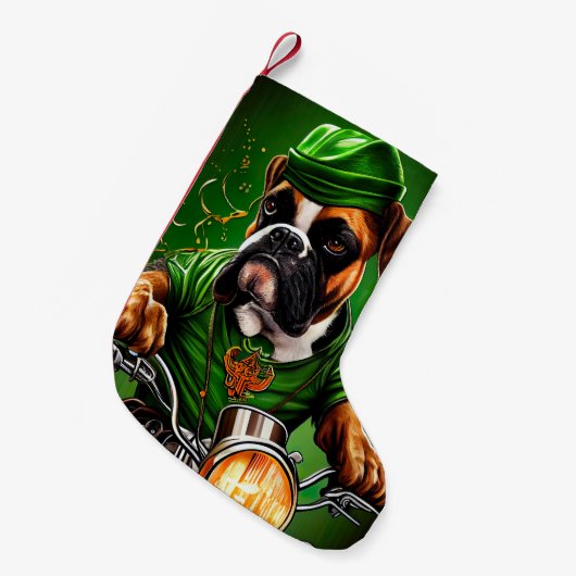 Boxer Dog Driving Bike St. Patrick's Day Kleine Kerstsok (Voorkant (Hangend))
