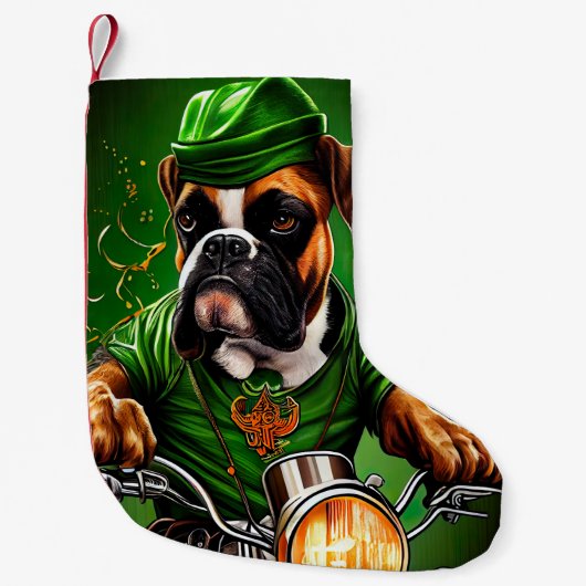 Boxer Dog Driving Bike St. Patrick's Day Kleine Kerstsok (Voorkant)