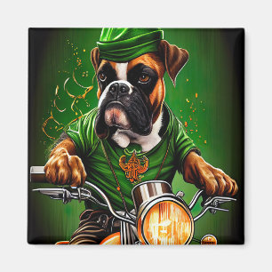 Boxer Dog Driving Bike St. Patrick's Day Magneet