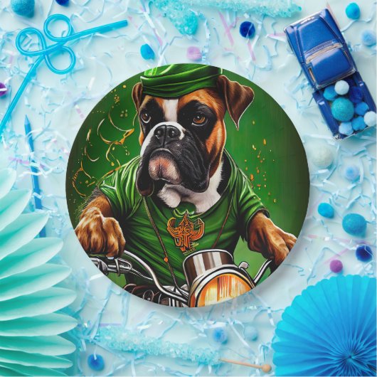 Boxer Dog Driving Bike St. Patrick's Day Papieren Bordje (Feest)