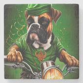 Boxer Dog Driving Bike St. Patrick's Day Stenen Onderzetter (Voorkant)