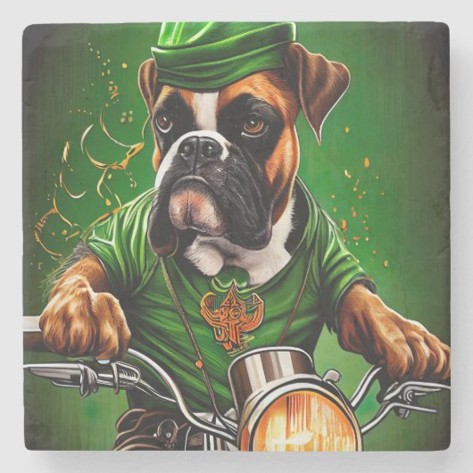Boxer Dog Driving Bike St. Patrick's Day Stenen Onderzetter (Voorkant)