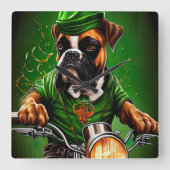 Boxer Dog Driving Bike St. Patrick's Day Vierkante Klok (Voorkant)