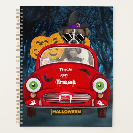 Boxer Dog Driving Car Scary Halloween Planner (Voorkant)