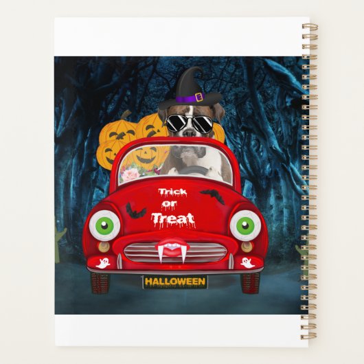 Boxer Dog Driving Car Scary Halloween Planner (Achterkant)