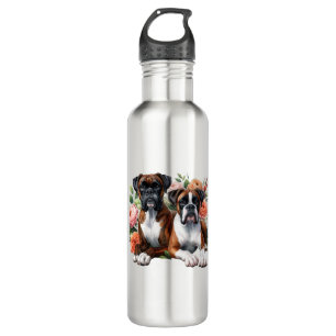 Boxer Dog Duo onder de bloemen Waterfles