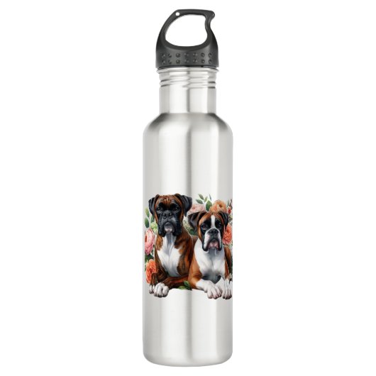Boxer Dog Duo onder de bloemen Waterfles (Voorkant)