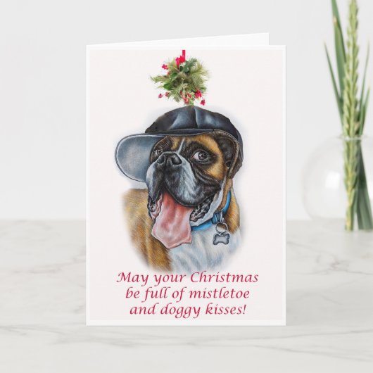 Boxer Dog en Mistletoe-kerstkunst Kaart (Voorkant)