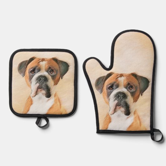 Boxer Dog Fawn Schilderij Uncropped Ear Schattigee Ovenwant & Pannenlap Set (Voorkant)