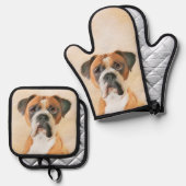 Boxer Dog Fawn Schilderij Uncropped Ear Schattigee Ovenwant & Pannenlap Set (Voorkant / Achterkant)