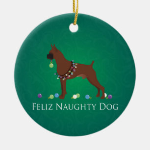 Boxer Dog Feliz Naughty Dog-kerstontwerp Keramisch Ornament