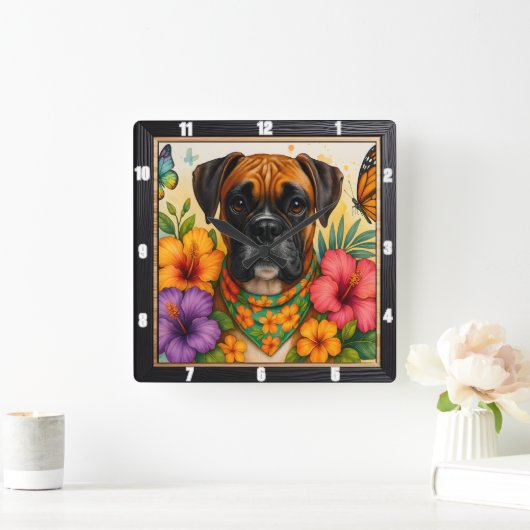 Boxer Dog Floral Butterfly Vierkante Klok (Huis)