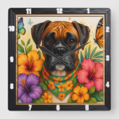 Boxer Dog Floral Butterfly Vierkante Klok (Voorkant)