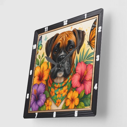 Boxer Dog Floral Butterfly Vierkante Klok (Hoek)