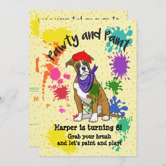 Boxer Dog Fun Art Birthday Party Invitation Kaart (Voorkant / Achterkant)
