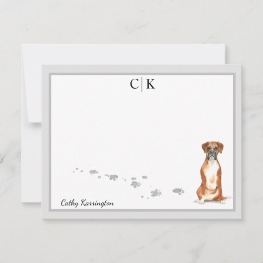 Boxer Dog Gray Border Monogram Jouw naam Aangepast Notitiekaartje (Voorkant)