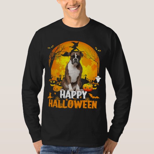 Boxer Dog Happy Halloween Day met Moon Pumpkin T-shirt (Voorkant)