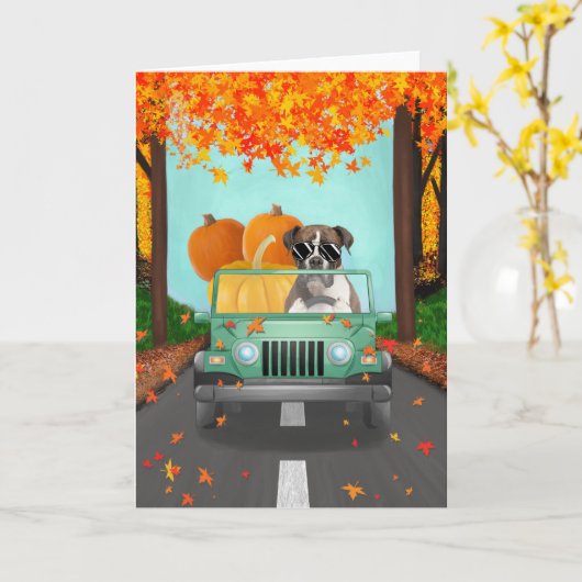 Boxer Dog Herfst Pumpkin Kaart (Gele Bloem)