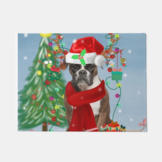Boxer Dog in sneeuw met kerstcadeaus Deurmat (Voorkant)